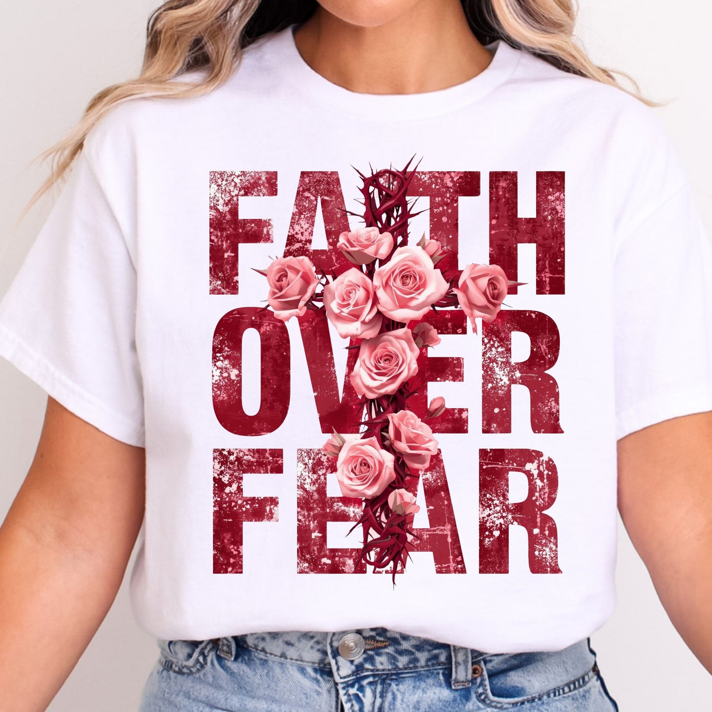 Faith Over Fear Rose Cross - White